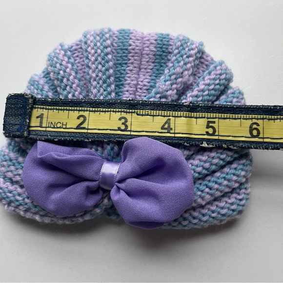 Purple and Blue Knitted Baby Hat with Bow - Picture 5 of 6